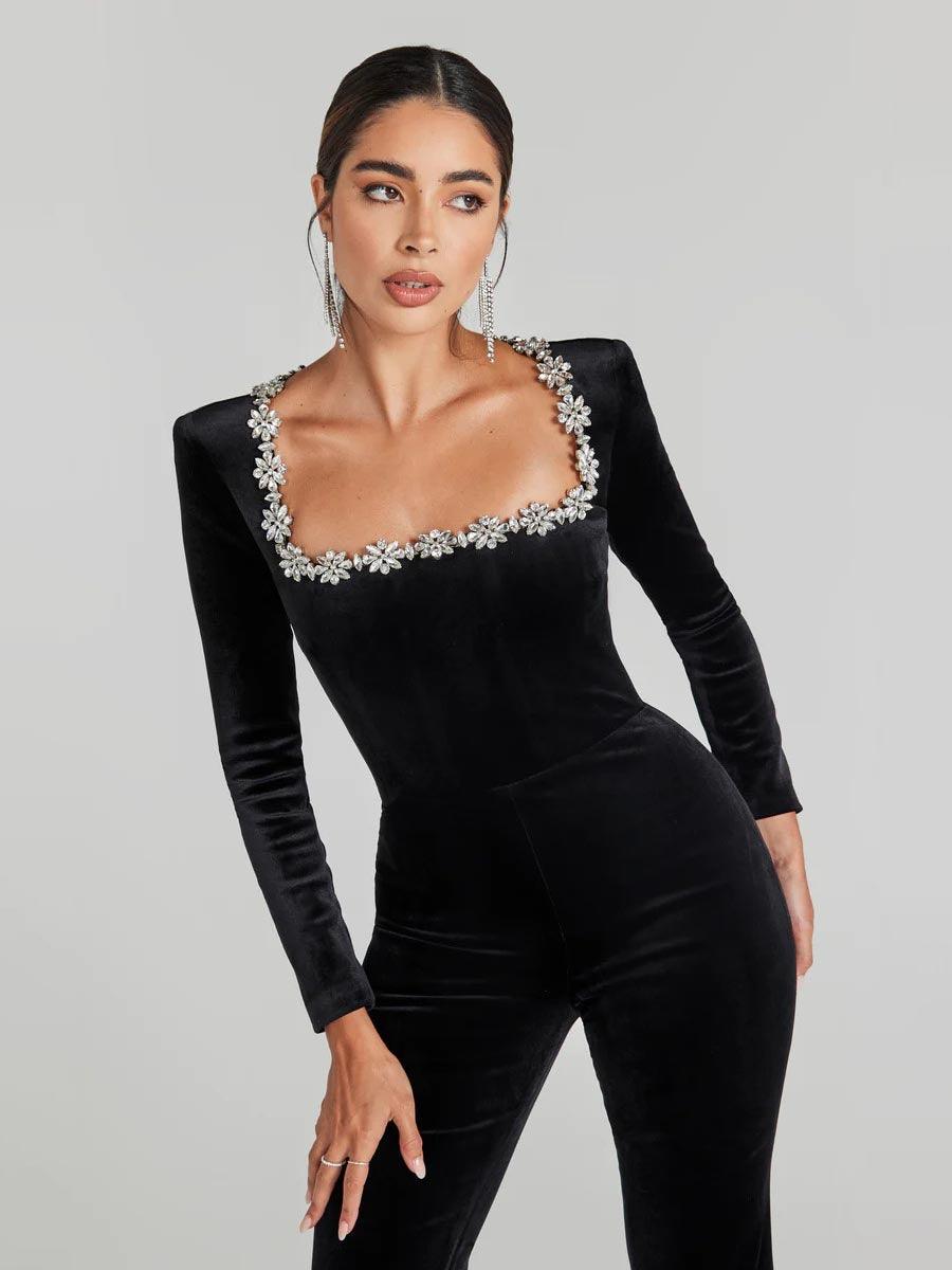 Rhinestone Square Neck Velvet Jumpsuits MYC1033 - MISS ORD