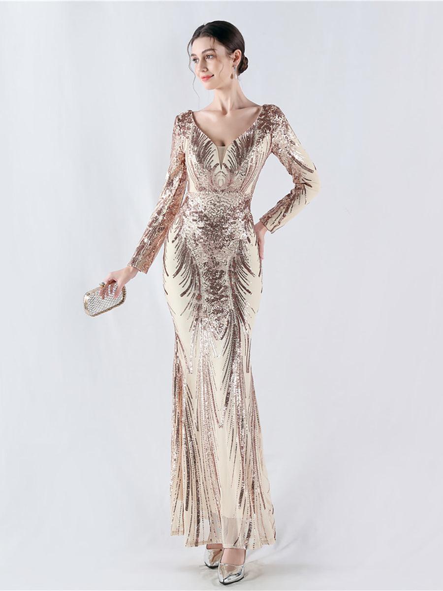 Long Sleeve Sequin V-neck Backless Prom Dress MCW1000 - MISS ORD