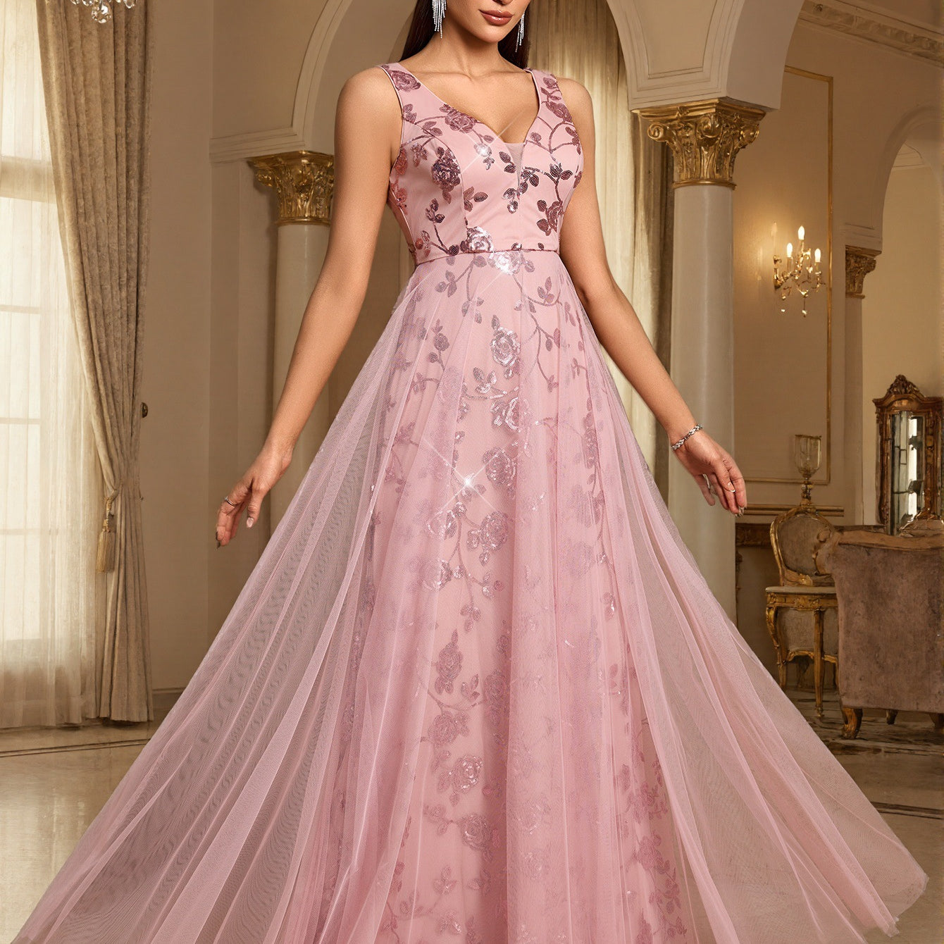 Pink Sequin Floral A-line Formal Dress XF251365