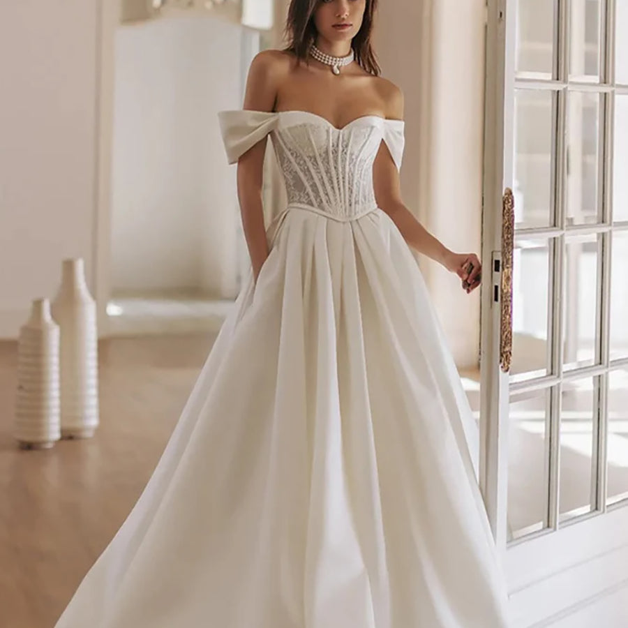 Seraphina Off-the-Shoulder Corset Wedding Dress with Cathedral Train MSW079