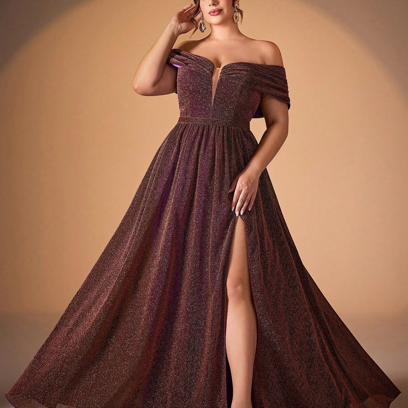 Plus Glitter Off-Shoulder A-Line Slit Evening Dress XF251301