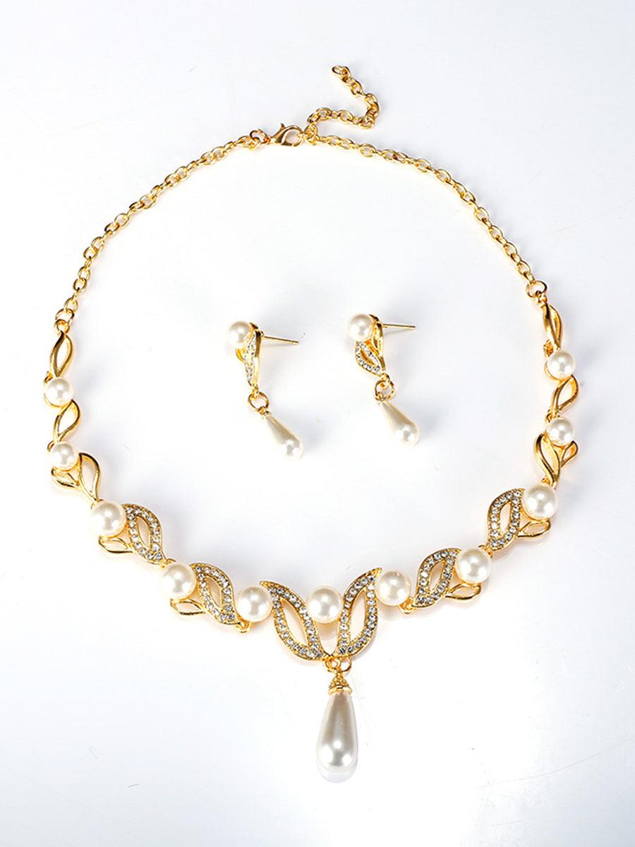 Teardrop Pearl Necklace Earrings Gold Set MRL20001 - MISS ORD