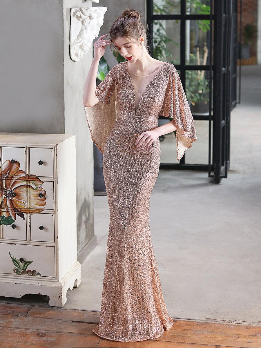 V-neck Ruffled Sequin Mermaid Prom Dress MCW1021 - MISS ORD