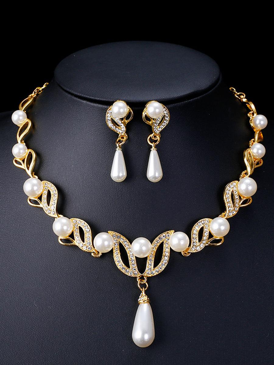 Teardrop Pearl Necklace Earrings Gold Set MRL20001 - MISS ORD