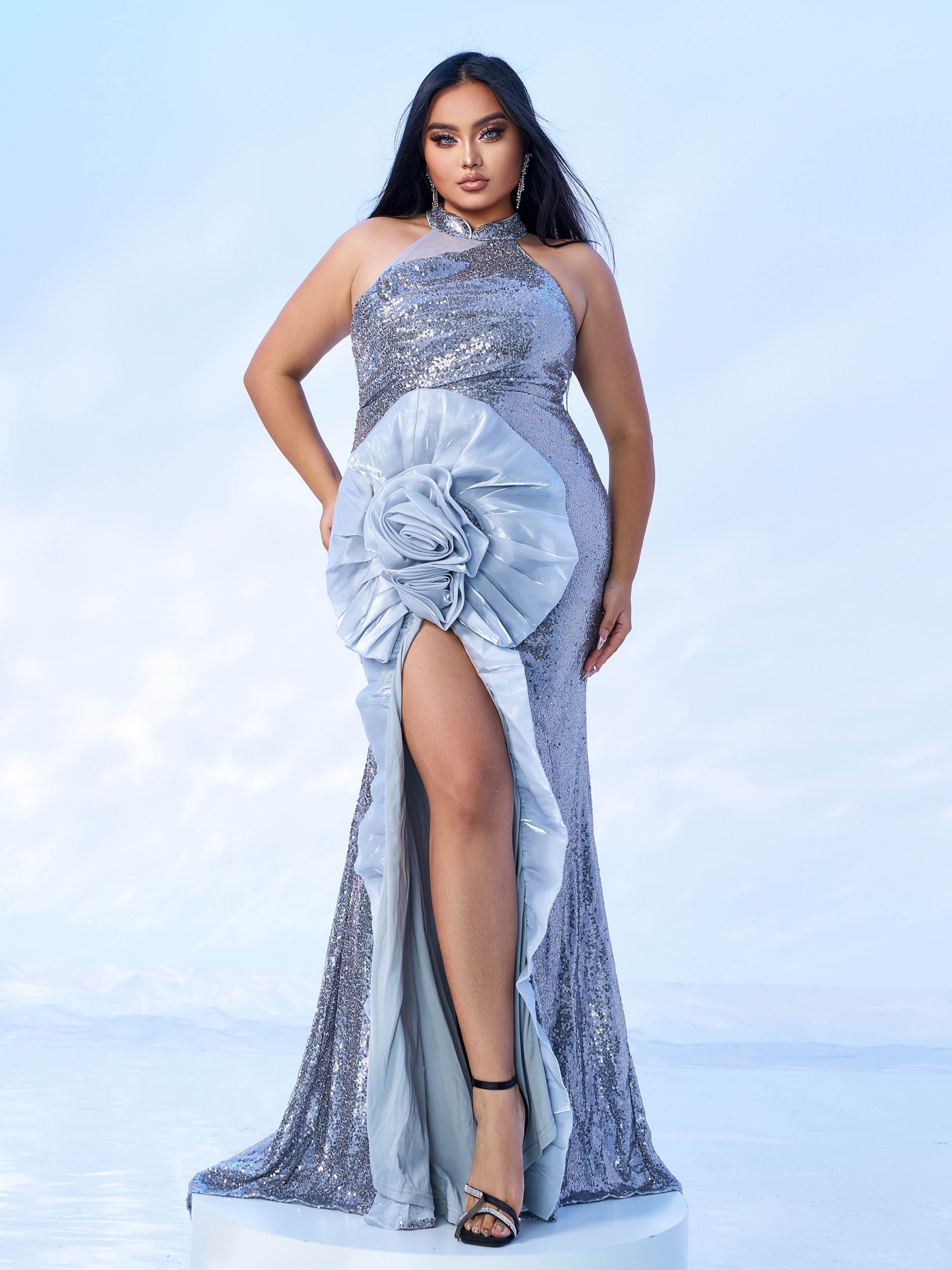 Plus Glitter Floral Slit Thigh Sleevelss Prom Dress PGM90059