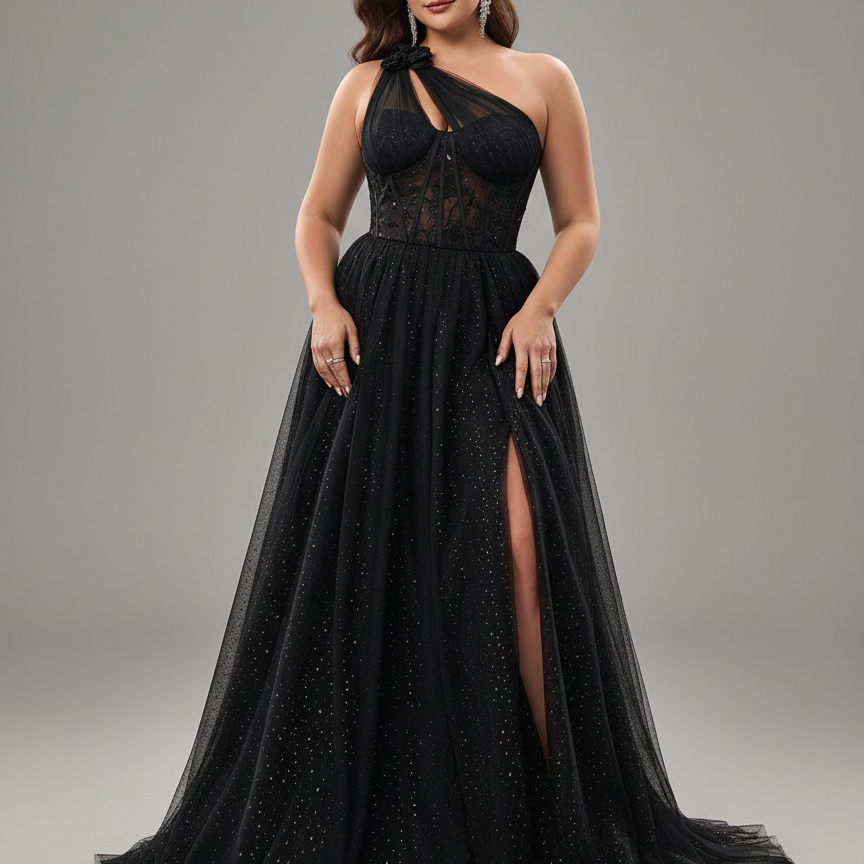 Plus Starry Black One-Shoulder Formal Dress PXF25124