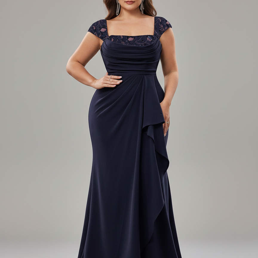 Plus Navy Blue Embroidered Ruched Formal Dress PXF25125