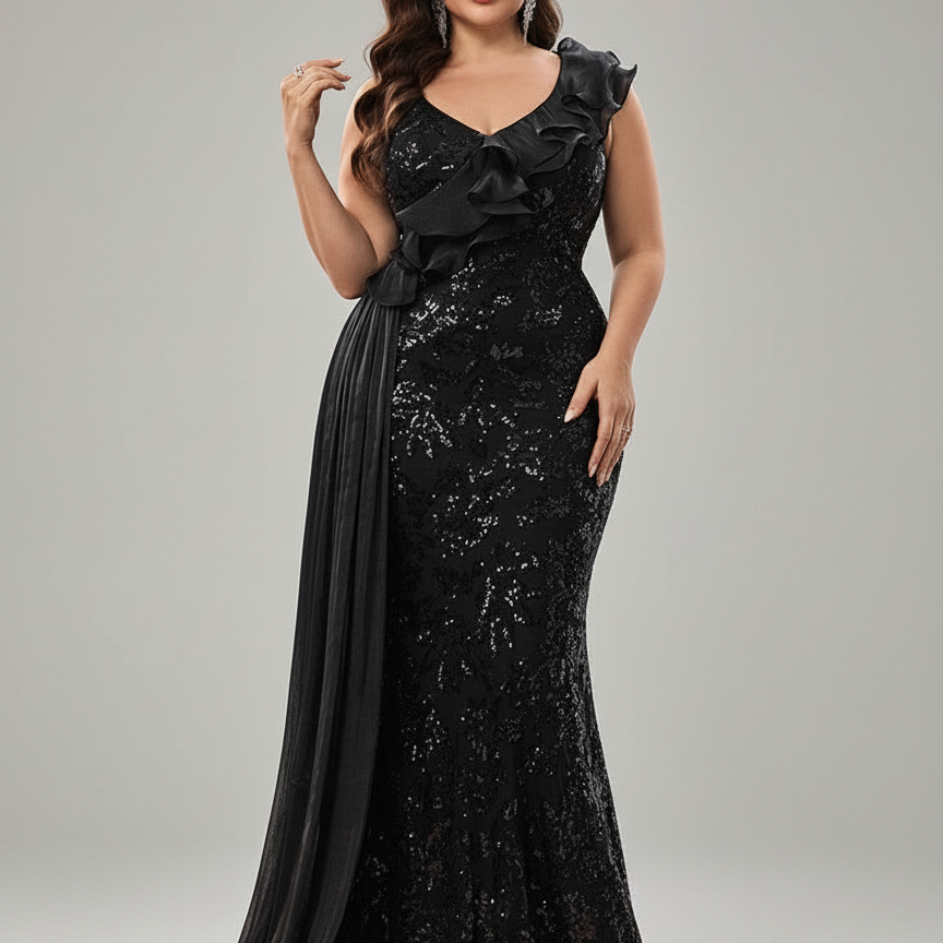 Plus Black Sequin One-Shoulder Mermaid Dress PXF25126