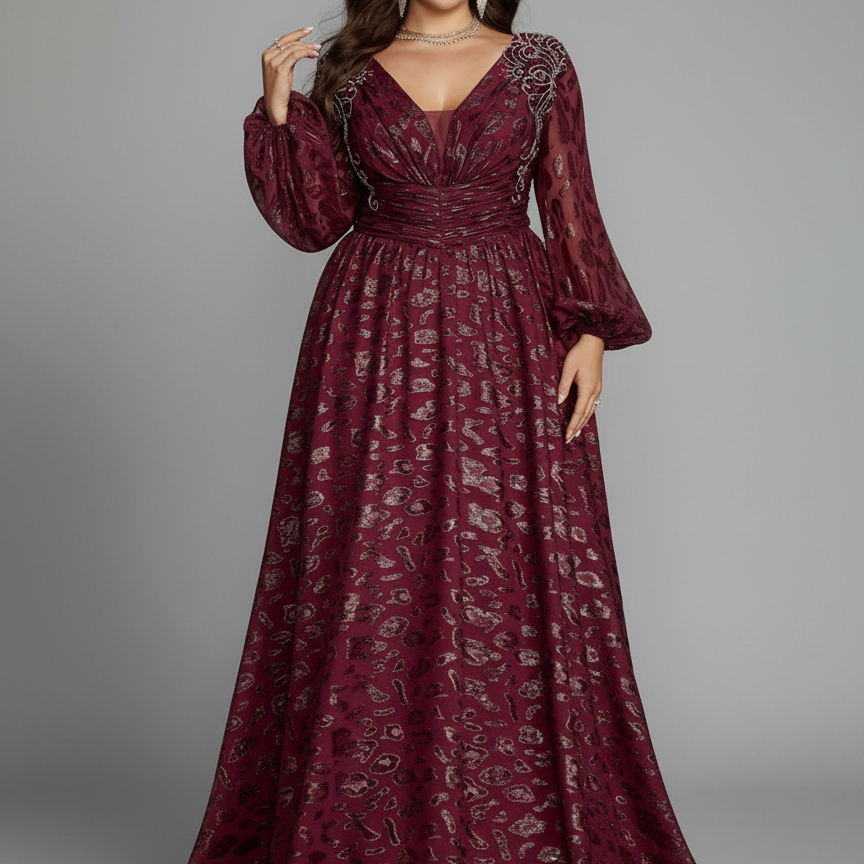 Plus Burgundy Sequin A-line Long-Sleeve Formal Dress PXF25127