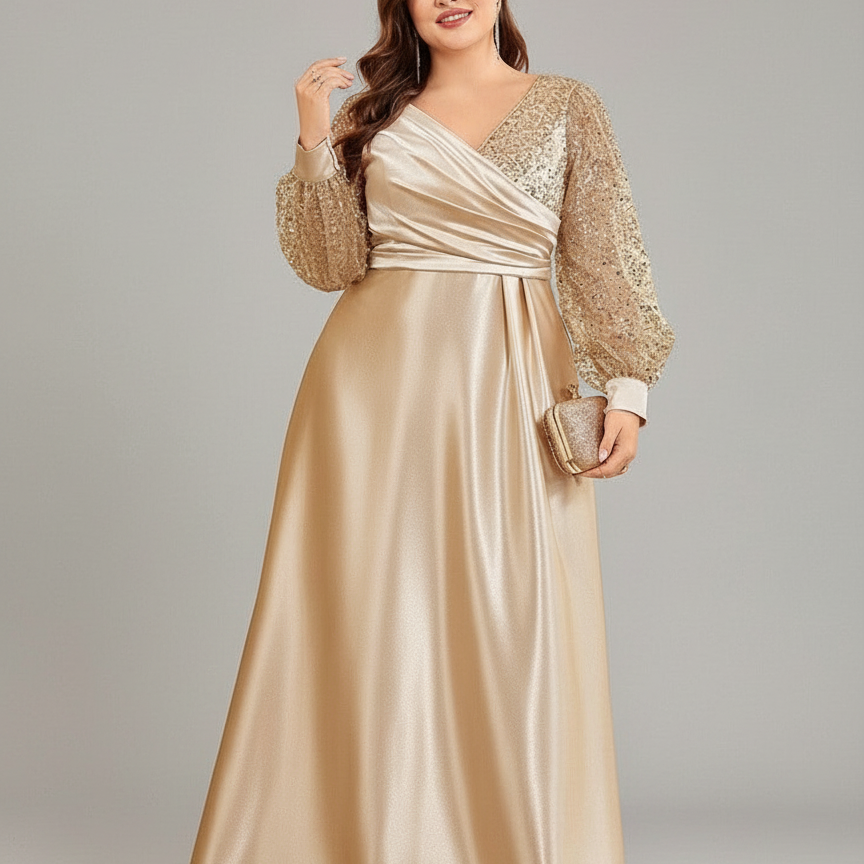 Plus Satin Sequin Long-Sleeve Formal Dress PXF25128