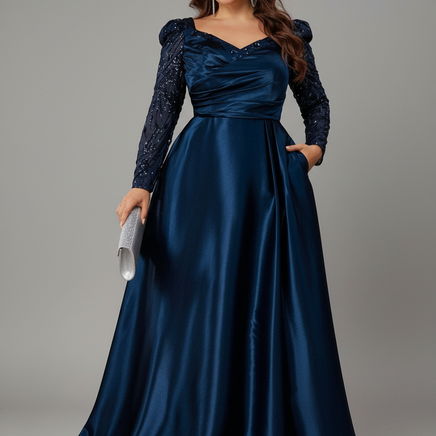 Plus Navy Satin Puff-Sleeve Formal Dress PXF25129