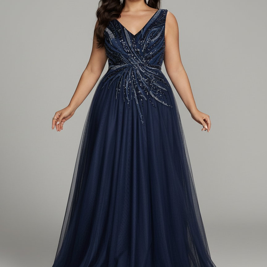 Plus Navy Beaded Tulle V-neck Ball Gown PXF25130