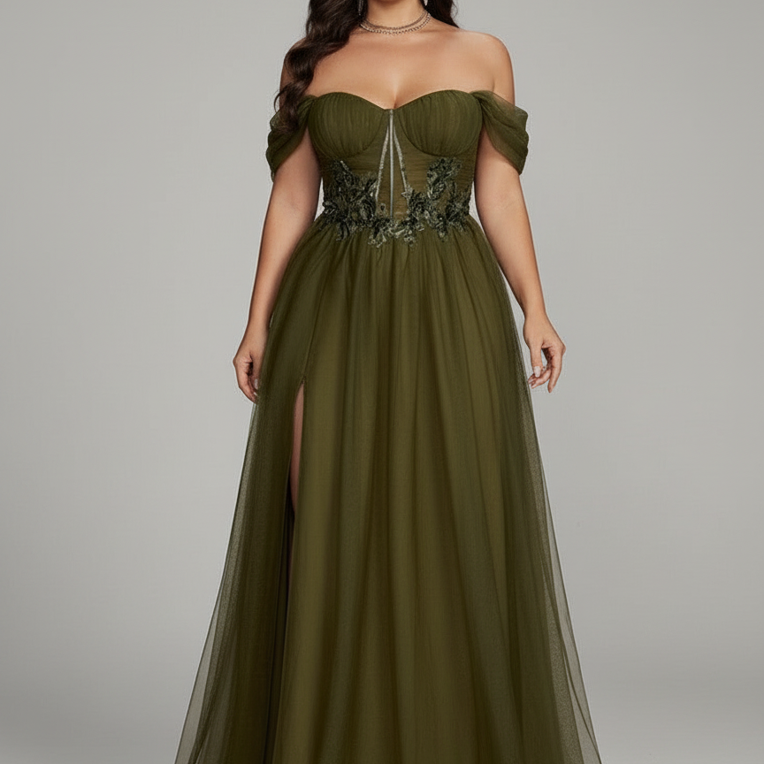 Plus Olive Green Embroidered Formal Dress PXF25131