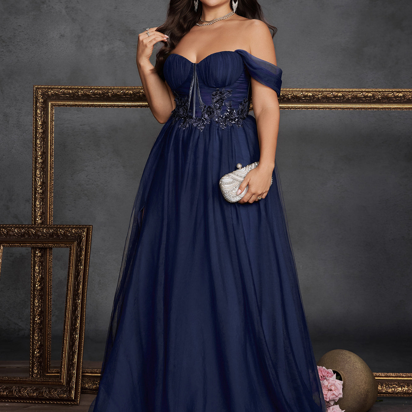 Plus Olive Green Embroidered Formal Dress PXF25131