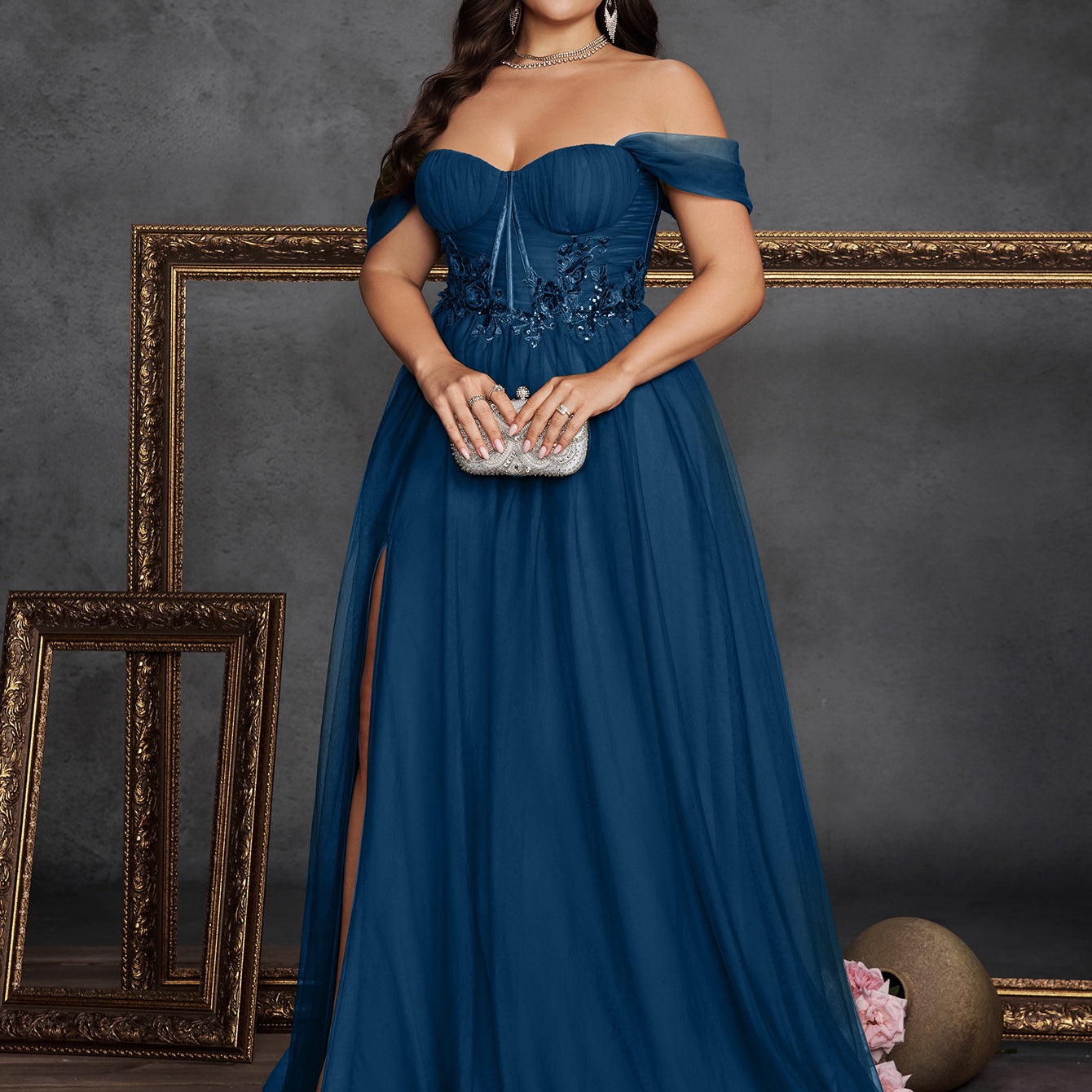 Plus Olive Green Embroidered Formal Dress PXF25131