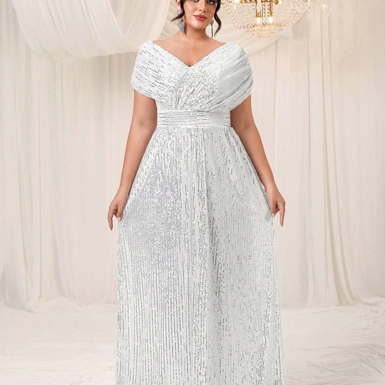 Elena Plus Navy Draped-Sleeve Formal Dress