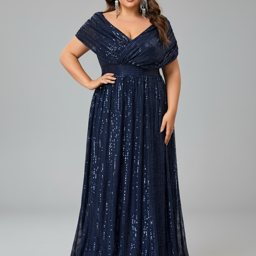 Elena Plus Navy Draped-Sleeve Formal Dress
