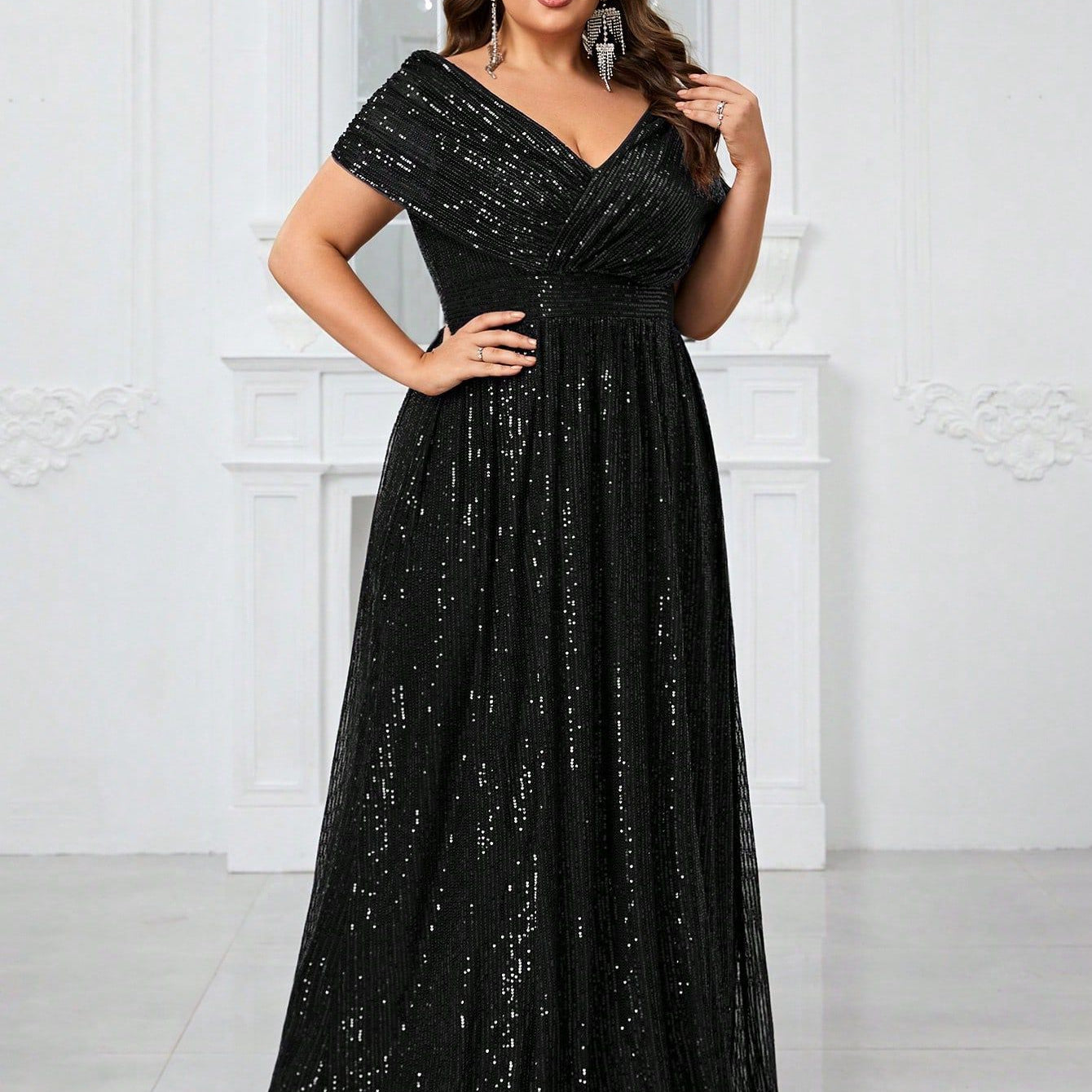 Elena Plus Navy Draped-Sleeve Formal Dress