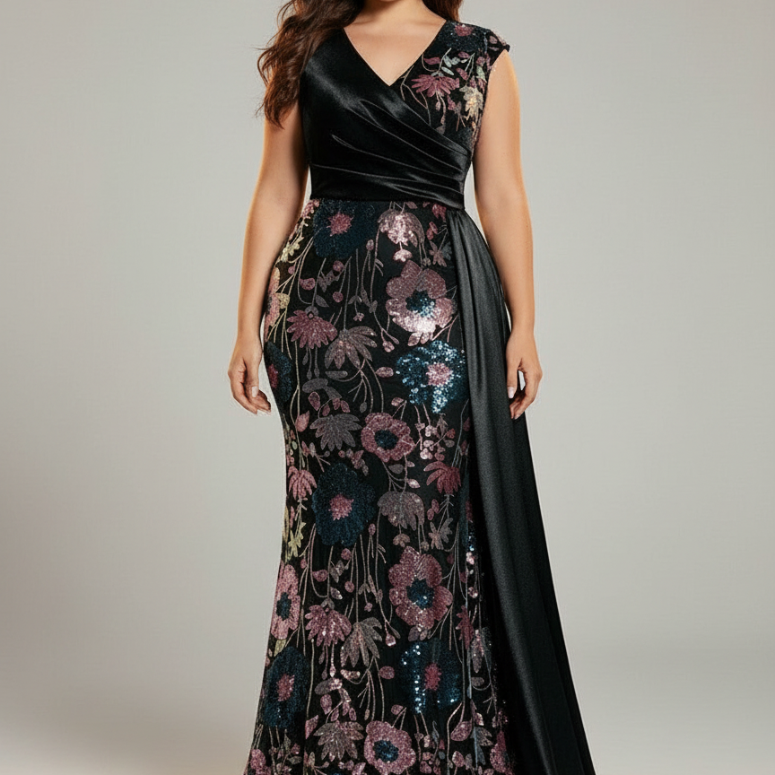 Plus Velvet Floral Sequin Cocktail Dress PXF25133
