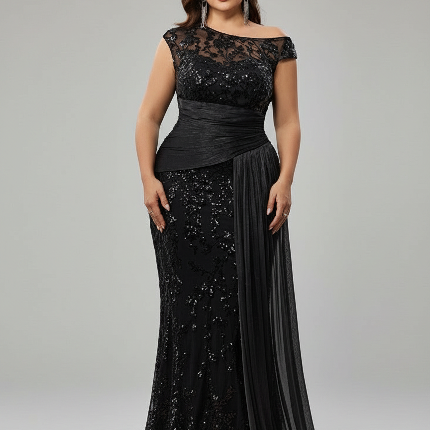 Plus Black Sequin One-Shoulder Mermaid Dress PXF25137