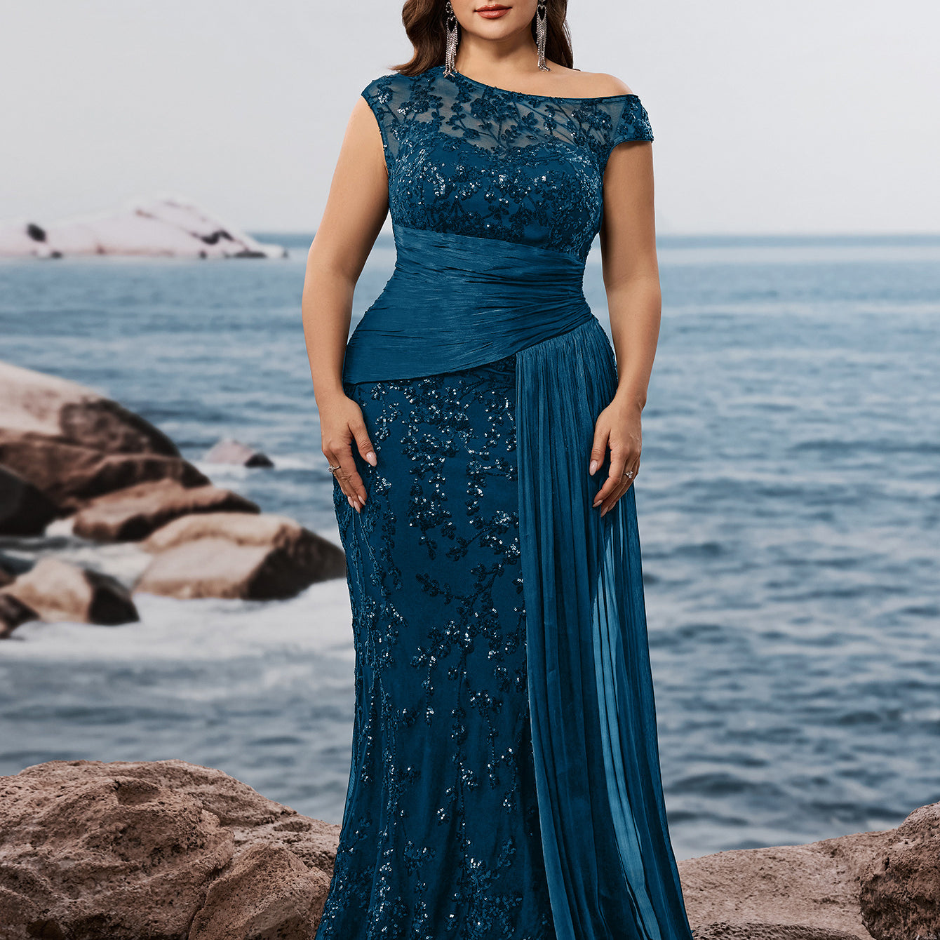 Plus Black Sequin One-Shoulder Mermaid Dress PXF25137