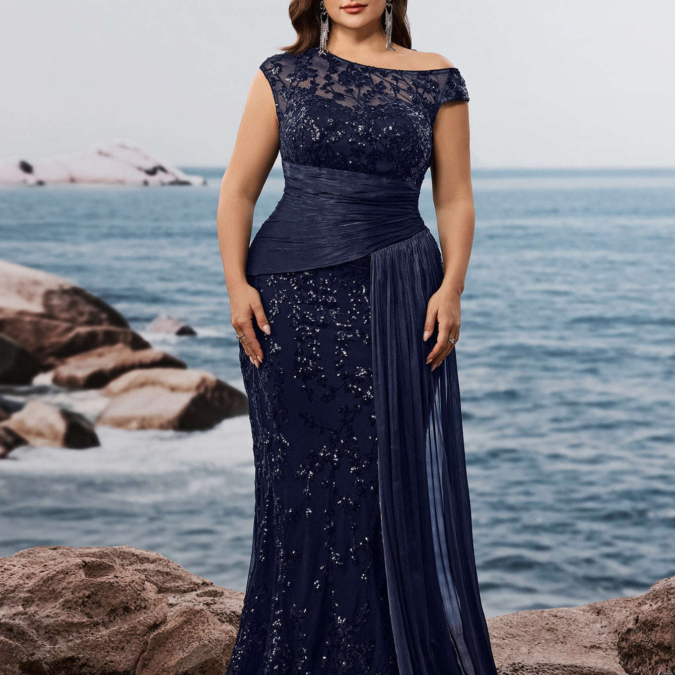 Plus Black Sequin One-Shoulder Mermaid Dress PXF25137