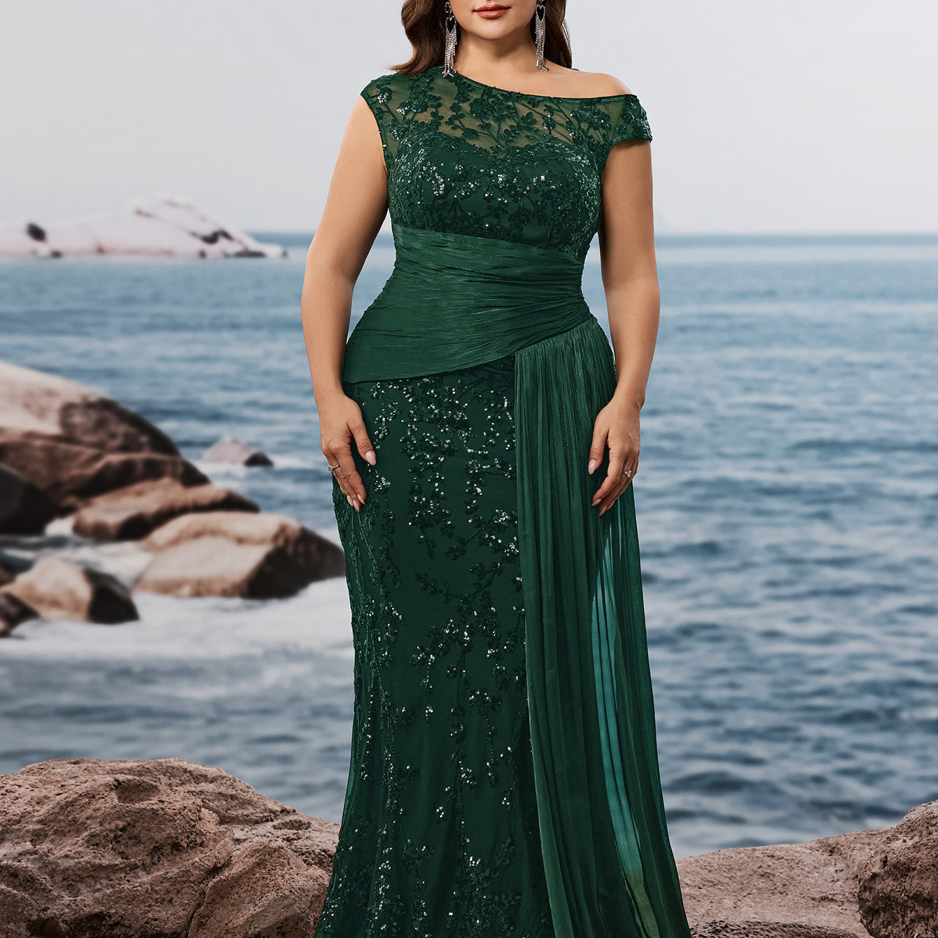 Plus Black Sequin One-Shoulder Mermaid Dress PXF25137