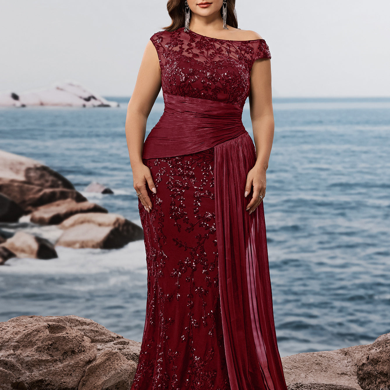 Plus Black Sequin One-Shoulder Mermaid Dress PXF25137