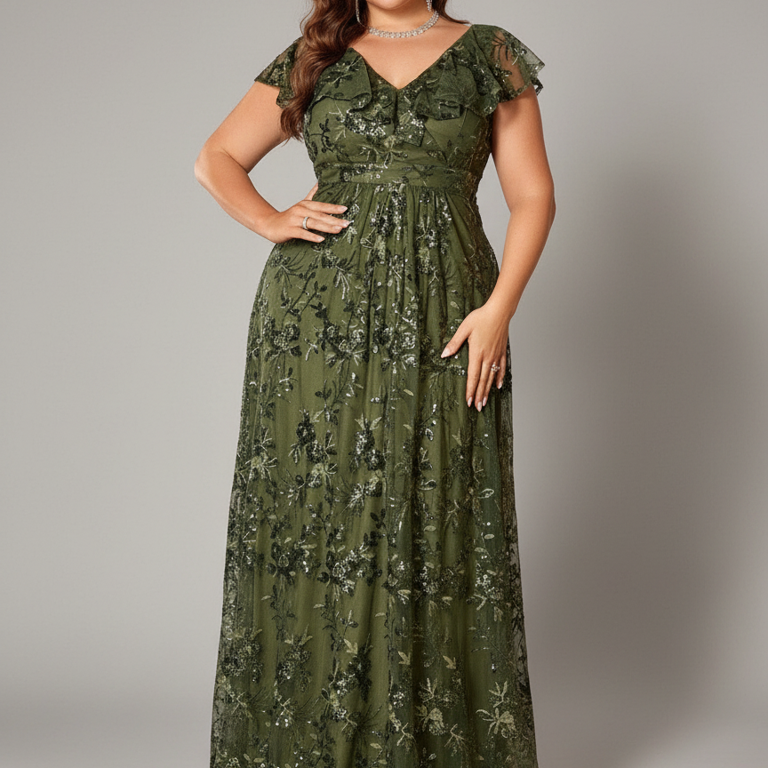 Plus Olive Floral Sequin Ruffle-Sleeve Formal Dress PXF25139