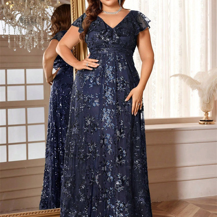 Plus Olive Floral Sequin Ruffle-Sleeve Formal Dress PXF25139