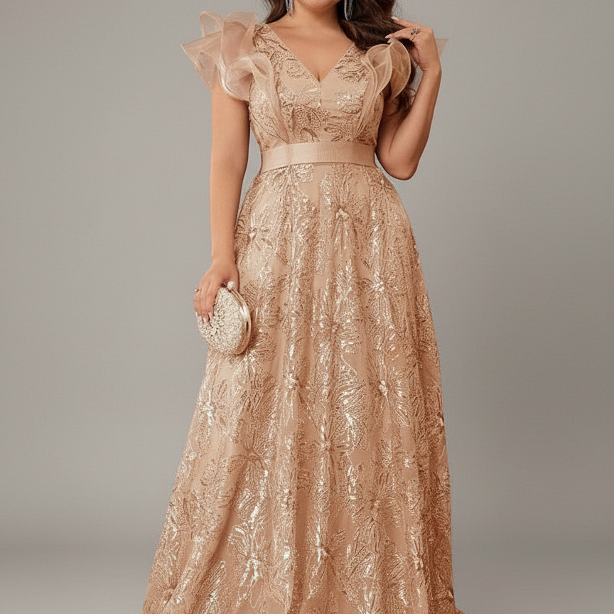 Plus Organza Flutter Sleeve Sequin Tulle Ball Gown PXF25140