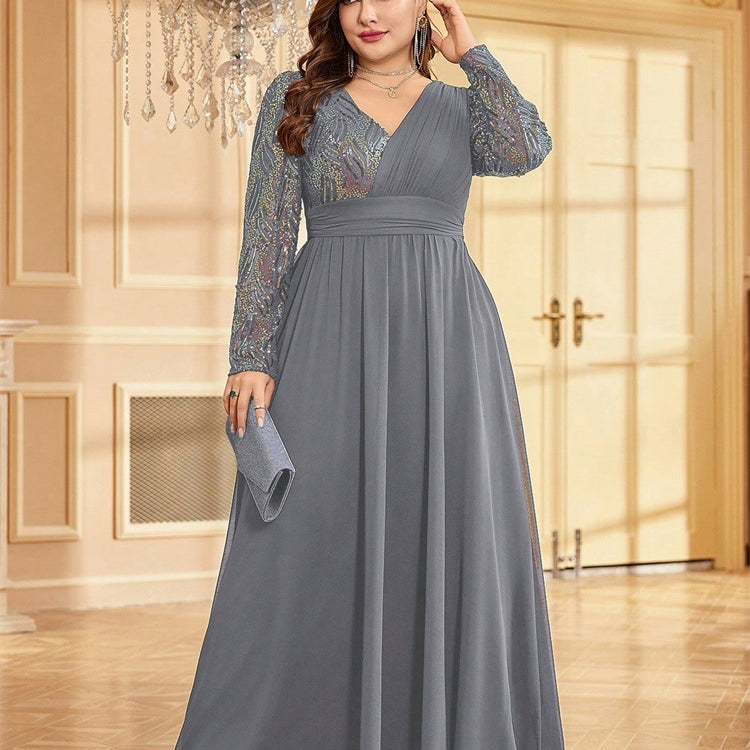 Plus Navy Iridescent Long-Sleeve Formal Dress PXF25141