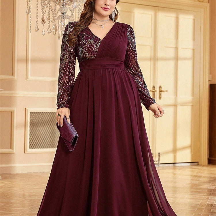 Plus Navy Iridescent Long-Sleeve Formal Dress PXF25141