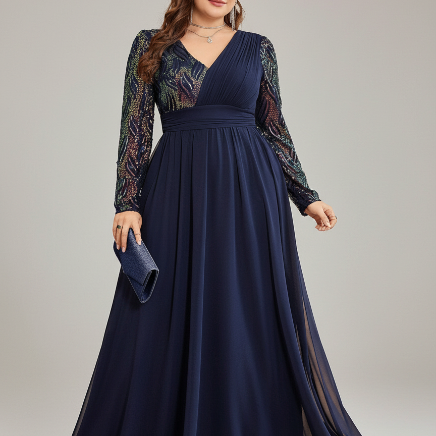 Plus Navy Iridescent Long-Sleeve Formal Dress PXF25141