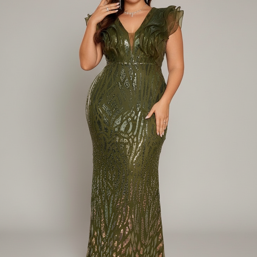 Plus Olive Sequin Ruffle-Sleeve Wedding Guest Dress PXF25142