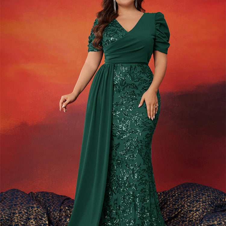 Plus Teal Sequin Puff-Sleeve Formal Dress PXF25143