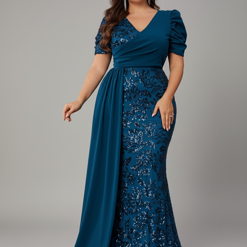 Plus Teal Sequin Puff-Sleeve Formal Dress PXF25143