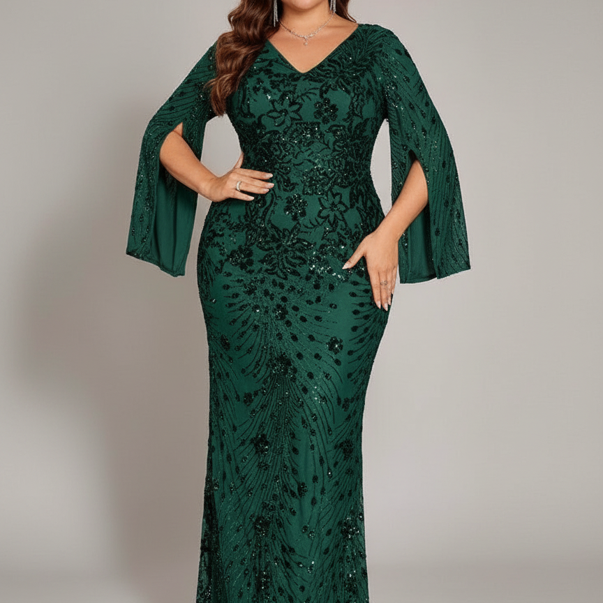 Plus Emerald Green Sequin Embroidered Dress PXF25144