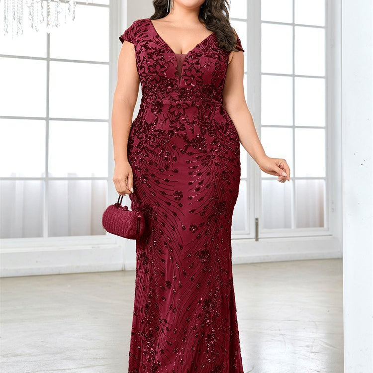 Plus Floral Sequin V-neck Mermaid Cocktail Dress PXF25145