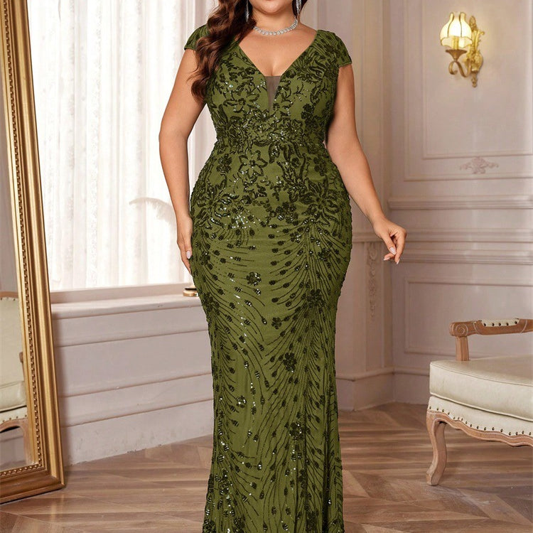 Plus Floral Sequin V-neck Mermaid Cocktail Dress PXF25145