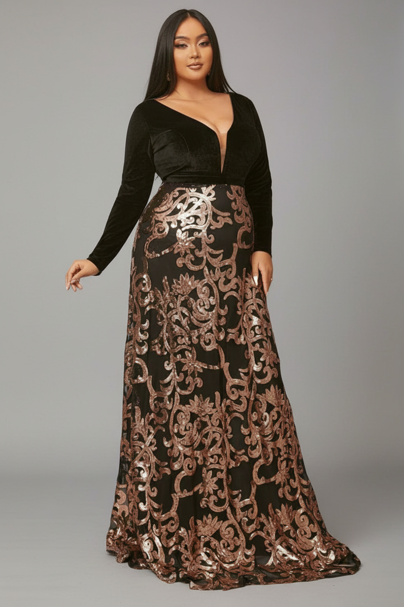 Plus Deep V Neck Backless Black Prom Dress PXJ1678 - MISS ORD