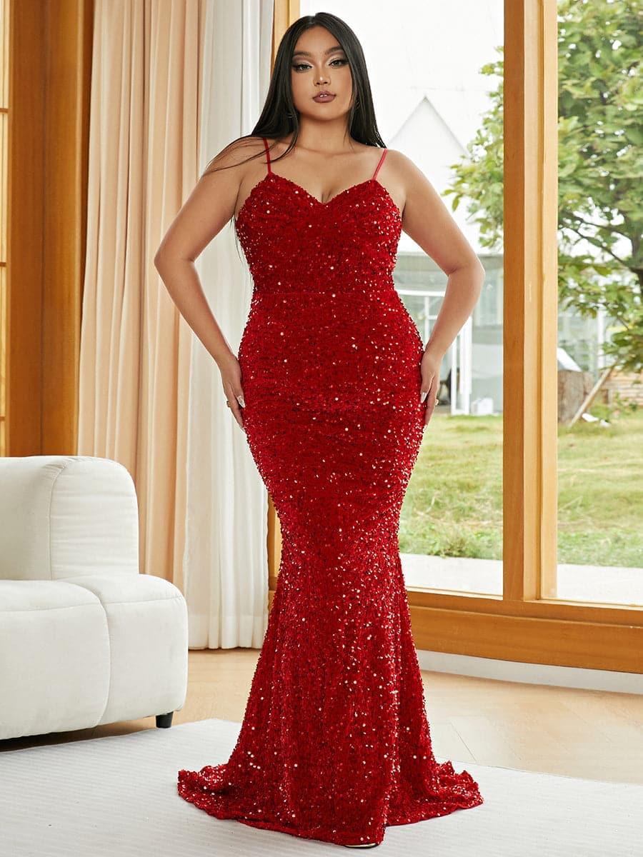 Plus Spaghetti Sequin Evening Dress PXJ1646 - MISS ORD