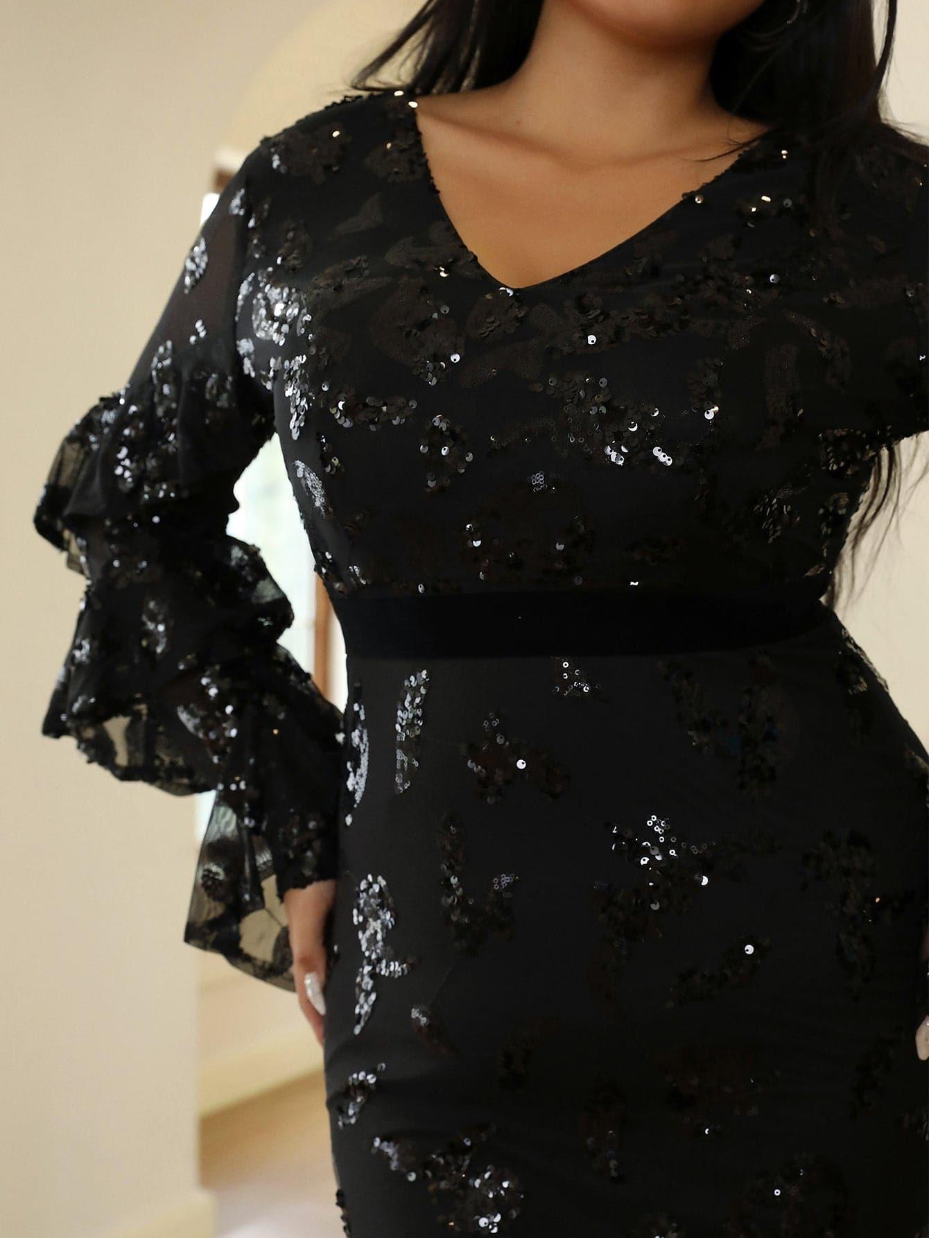 Plus Size V-Neck Black Sequin Dress PXJ1461 - MISS ORD