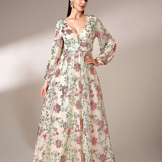 V-Neck Backless Tulle Apricot Prom Dress RJ10789