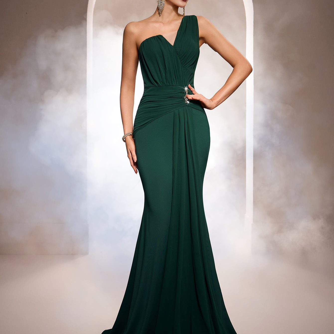 Emerald One-Shoulder Crystal Elegant Formal Dress RJ12122