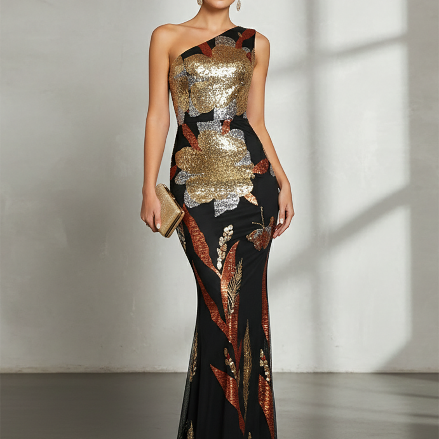 One Shoulder Floral Sequin Prom Dress RM20857