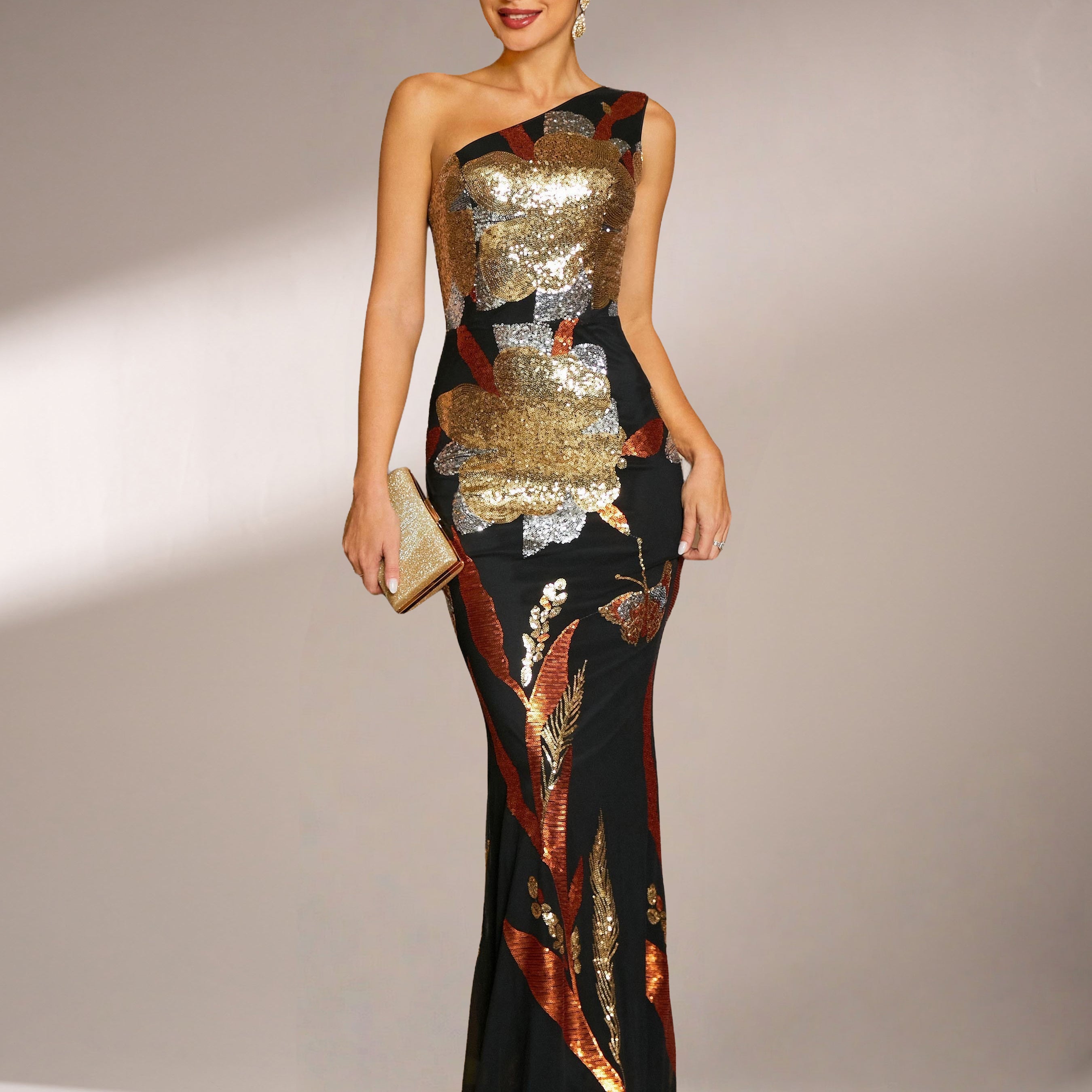 One Shoulder Floral Sequin Prom Dress RM20857