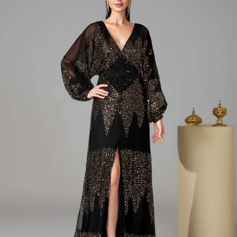 Lantern Sleeve V-Neck High Split Black Prom Dress RM21107