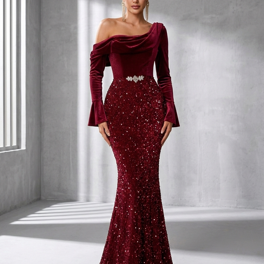 Burgundy Sequin One-Shoulder Mermaid Formal Dress SL30183