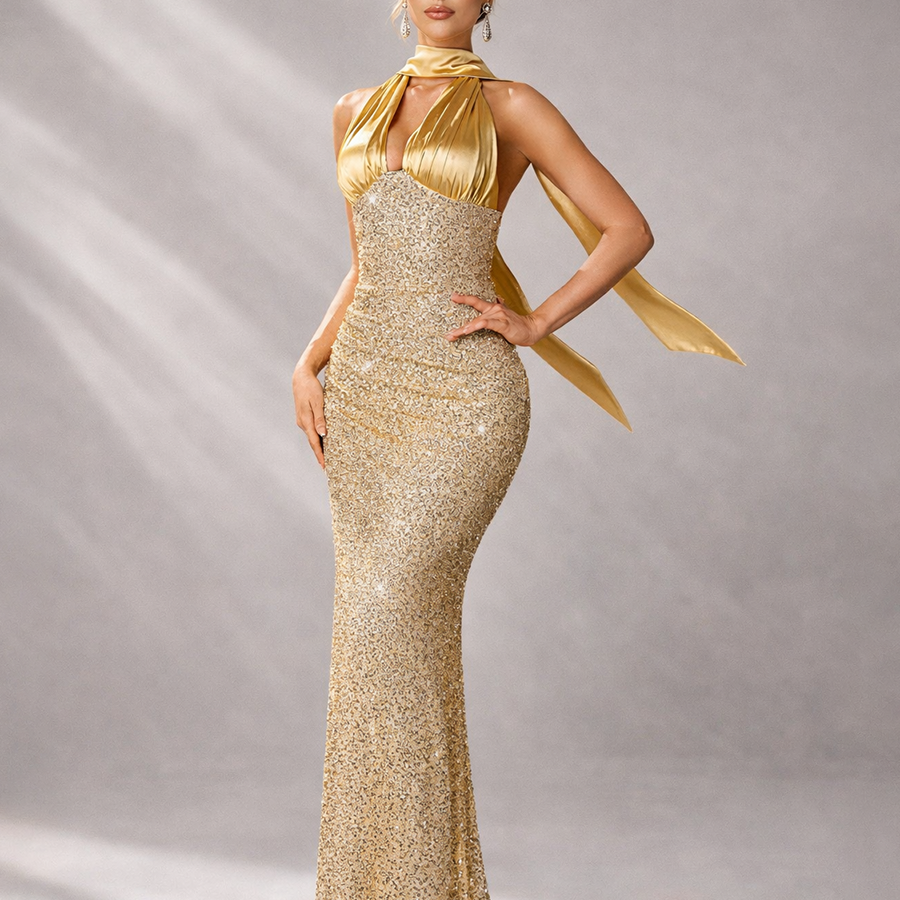 Gold Sequin Halter Backless Prom Dress SL30194